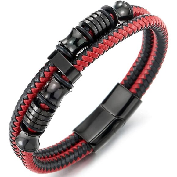 Edgy Black and Red Double-Row Leather Bracelet for Men - Perfect Gift Option - Picture 1 of 6